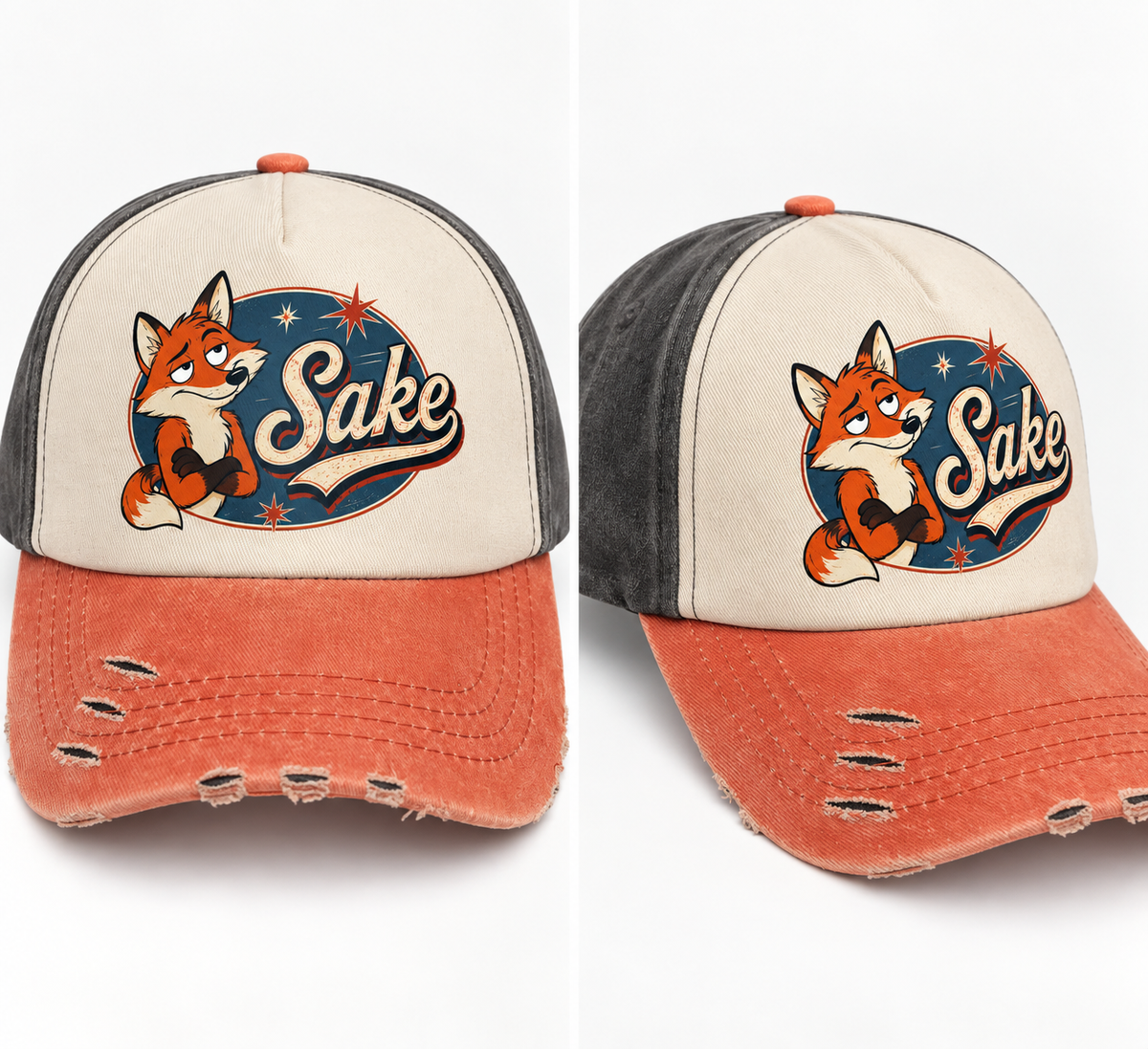Fox Sake Distressed Trucker Cap – Orange & Grey